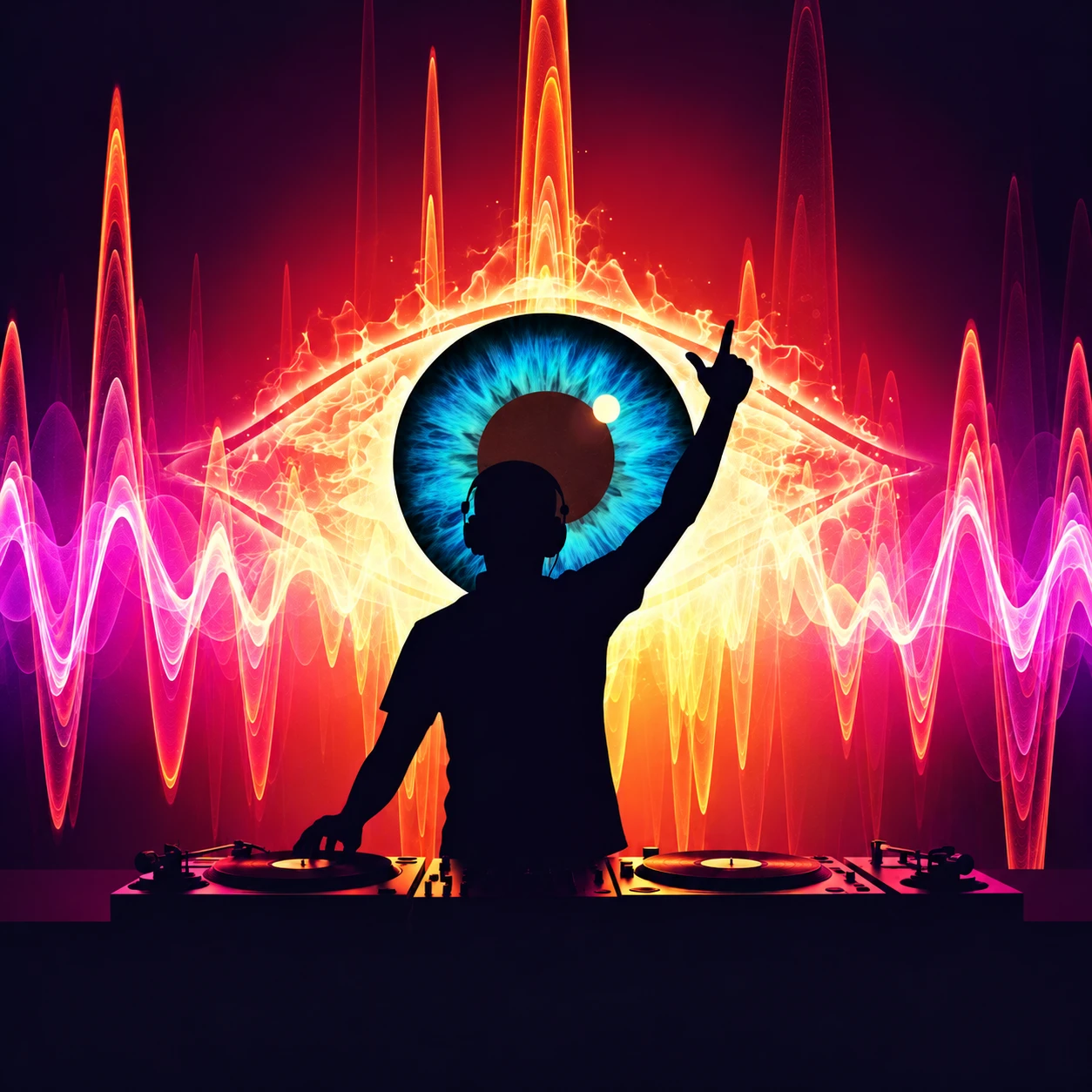 DJL artwork — the silhouette of a DJ at two turntables with one arm raised, in front of a blazing eye and brightly coloured soundwaves.
