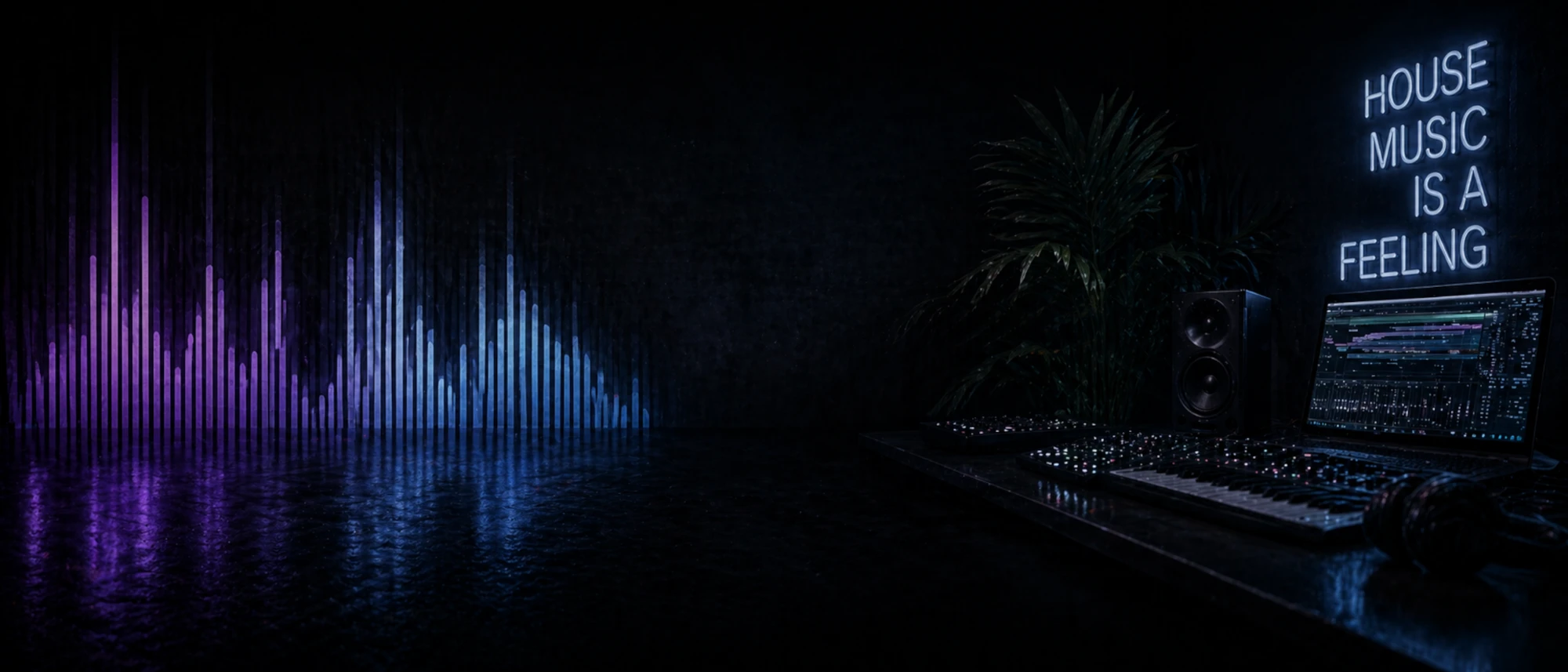 A dark home studio at night — laptop running a DAW, MIDI keyboard, studio monitor and mixer, lit by a neon sign reading "House Music Is A Feeling", with purple and blue waveform bars reflected on the floor.